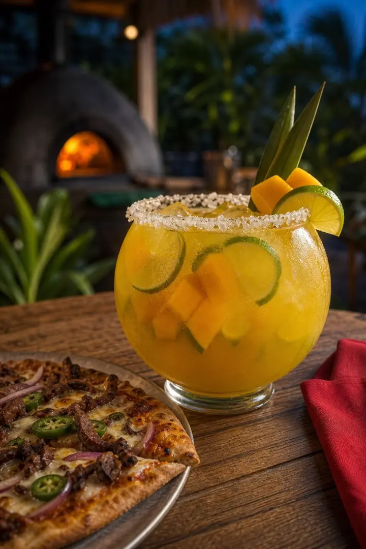 Margarita grande de mango y limón junto a pizza y horno de leña
