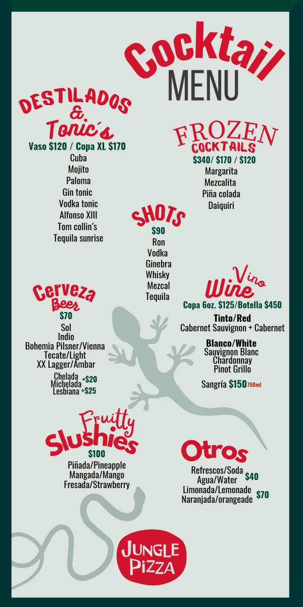 Carta de coctelería y bebidas de Jungle Pizza